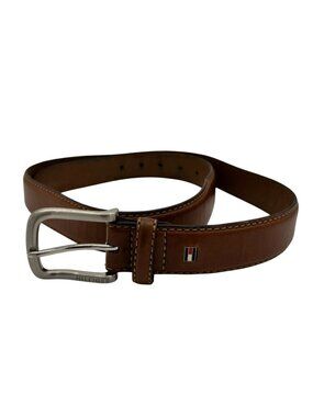 Tommy Hilfiger Brown Leather Stitch Buckle Belt Mens Classic Casual Minimalist